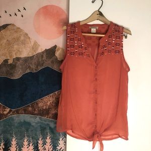 Lucky Brand Orange embroidered sleeveless blouse with tie size small